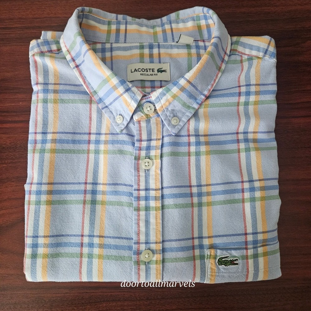 Lacoste Pastel Plaid Oxford Weave Short Sleeve Button Down Shirt 100% Cotton XL